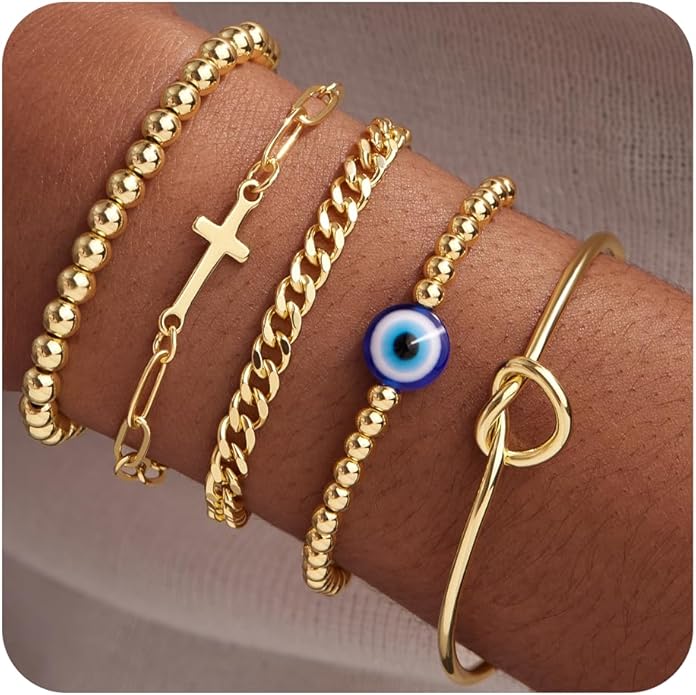 Gold Bracelets for Women Non Tainish,Dainty Bracelets Stack for Women Trendy, Gold Plated Cuff Bracelets Stack With Beaded Cuban Paperclip Snake Rope Bangle Hand Chain Jewelry Gifts for Women