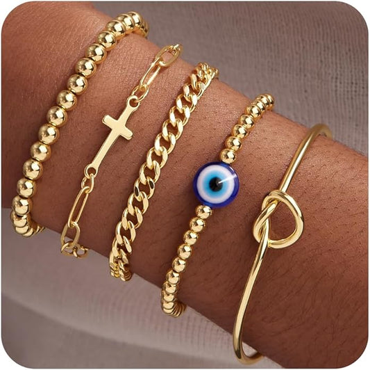 Gold Bracelets for Women Non Tainish,Dainty Bracelets Stack for Women Trendy, Gold Plated Cuff Bracelets Stack With Beaded Cuban Paperclip Snake Rope Bangle Hand Chain Jewelry Gifts for Women