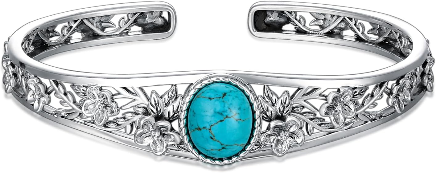 Genuine Turquoise Vintage Flower Bracelet Bangle, Sterling Silver Boho Adjustable Bangle Cuff Native American Jewelry for Women, Fit for 6.5 7 7.5 Inches