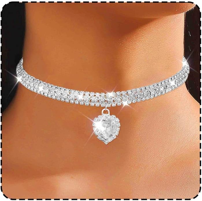 CLOACE Rhinestone Choker Necklace Heart Pendant Diamond Row Necklaces Sparkly Crystal Prom Chain Jewerly Accessories for Women
