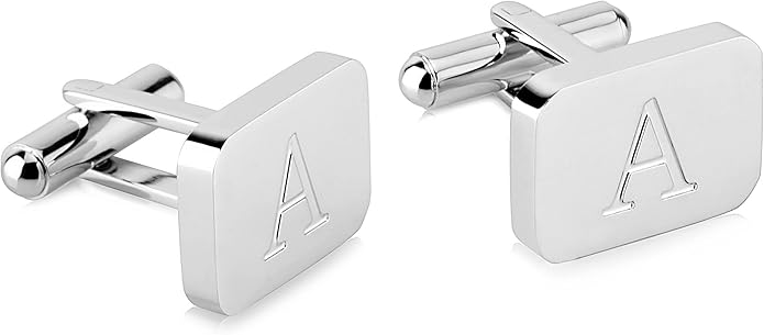 18K White-Gold Plated Initial Engraved Stainless Steel Men’s Cufflinks With Gift Box -Personalized Alphabet Letter’s A-Z By Lux & Pair