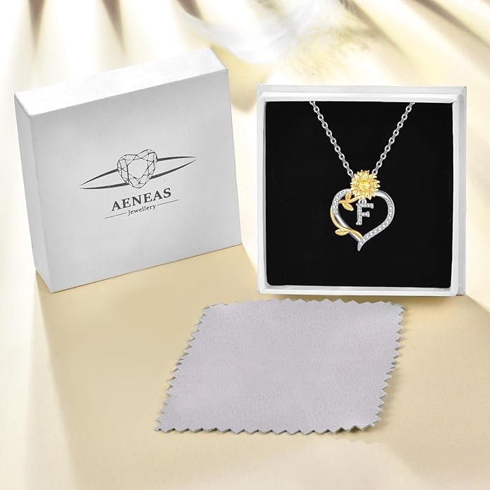 AENEAS Sunflower Initial Necklace for Women Gold Plated Sterling Silver Letter Heart Pendant Jewelry Gift for Mom Wife Birthday Anniversary Christmas