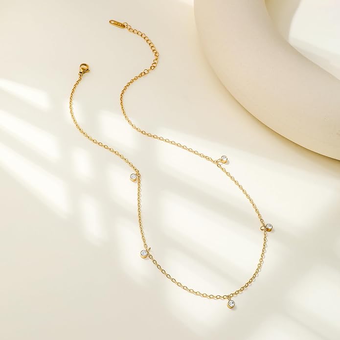 Dainty Gold Diamond Necklace for Women, 14k Gold Plated Diamond Station Choker Necklace for Women Daily & Minimalist, Gold Jewelry for Women