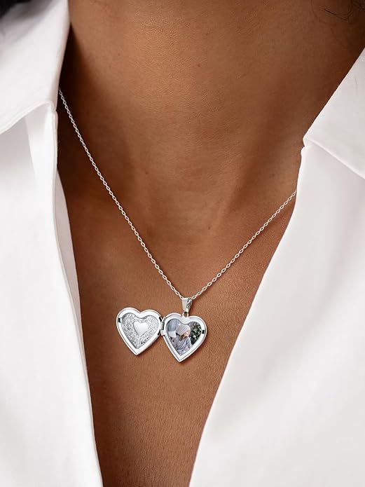U7 Women Locket Necklace Platinum 14K Gold Photo Lockets that Hold Picture,Chain 20 Inch Personalized Gift Custom Love Heart Image Necklaces