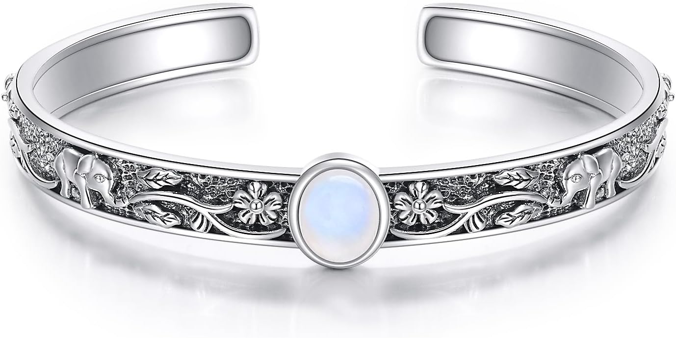 Moonstone Elephant Cuff Bracelet, Handmade Sterling Silver Boho Jewelry, Gift of Wisdom and Good Luck for Women