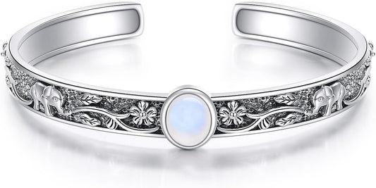 Moonstone Elephant Cuff Bracelet, Handmade Sterling Silver Boho Jewelry, Gift of Wisdom and Good Luck for Women