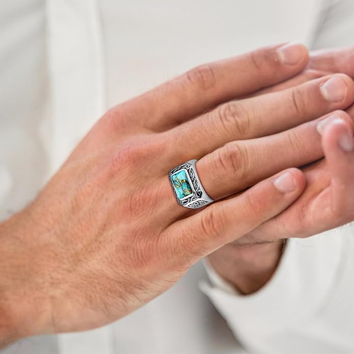 5CT 8X12mm Radiant Cut Teal Turquoise Ring/Created Mens Black Onyx 925 Sterling Silver Mens Ring Cocktail Rings Celtic Pattern Pinky Thumb Ring Band for Dad Father Size 7-12