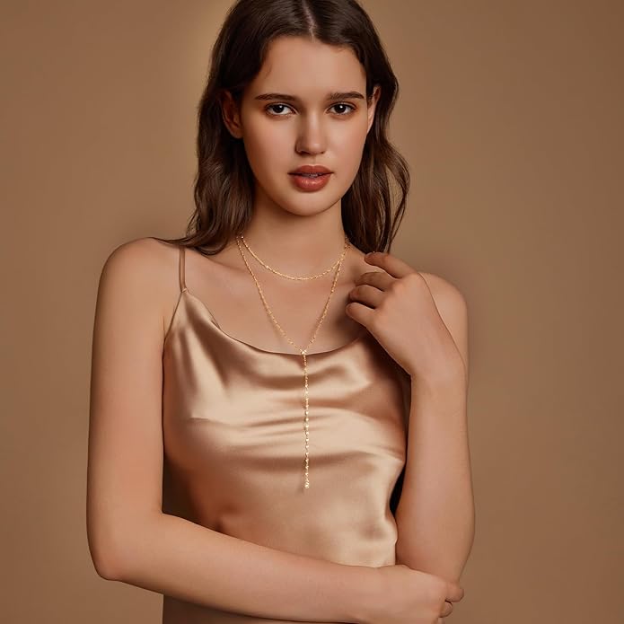 Zeffy Lariat Gold Necklace for Women, Dainty Long Necklace 14k Gold/Silver Plated Layered CZ Beaded Bar Chain Y-Shaped Body Chain Stack Drop Wedding Necklace Trendy Simple Gold Jewelry Gifts