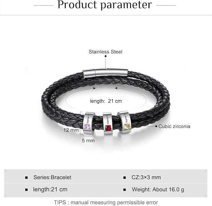 kaululu Custom Leather Bracelet for Men with 1/2/3/4/5/6/7/8 Birthstones Engraved Stainless Steel Beads Personalized Names Bracelet for Father's Day Christmas Thanksgiving Gift for Men