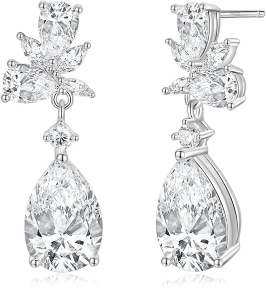 EAMTI Teardrop Wedding Earrings for Women Cubic Zirconia Dangle Bridal Earrings 925 Sterling Silver Post Pear Cut Earring for Prom Bridesmaid