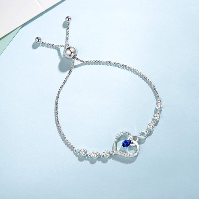 AGVANA Heart Birthstone Bracelets for Women Sterling Silver Genuine or Created Gemstone Tennis Bracelet Infinity Love Jewelry Anniversary Birthday Gifts for Wife Mom Women