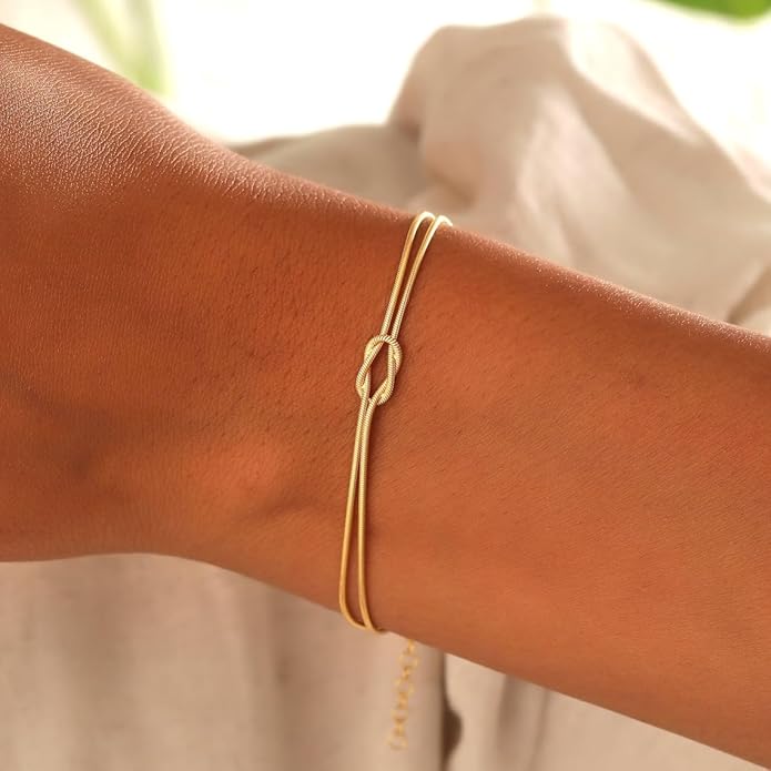Matching Bracelets for Couples，Dainty Gold Love Knot Bracelet 14K Gold Plated Herringbone Chain Bracelet Relationship Jewelry Gifts for Best Friend