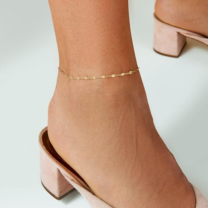 Dainty Ankle Bracelets for Women 18K Gold Plated Satellite Beaded Herringbone Chain Anklets Simple Lip Chain Anklet Minimalist Summer Beach Foot Jewelry Christmas