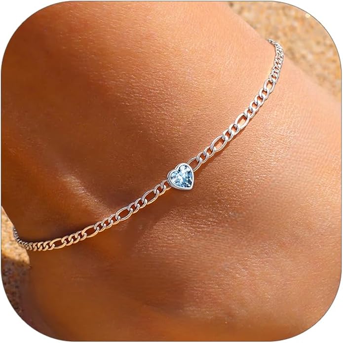 ChicSilver Sterling Silver Anklets Bracelets for Women, Figaro Chain Heart/Round Birthstone Anklet for Women Waterproof, Dainty Herringbone Ankle Bracelet Summer Beach jewelry