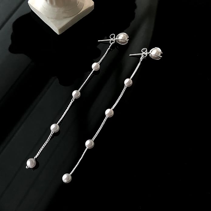 Zeffy Pearl Earrings for Women 14k Gold/Silver Pearl Drop Earrings Long White Pearl Tassel Dangle Statement Earrings Bridal Wedding Dainty Prom Earrings Birthday Gifts Jewelry