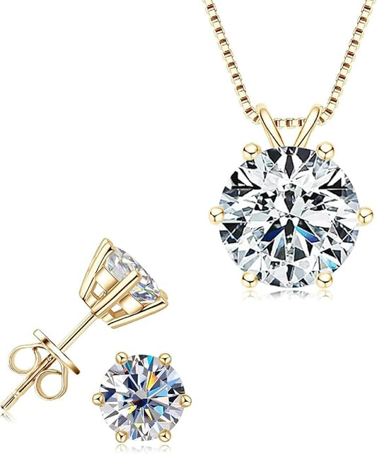 925 Sterling Silver Moissanite Jewelry Set - Classic European Design Necklace Earrings Set with Round Cut Moissanite Pendant - Adjustable Chain - Gift Box
