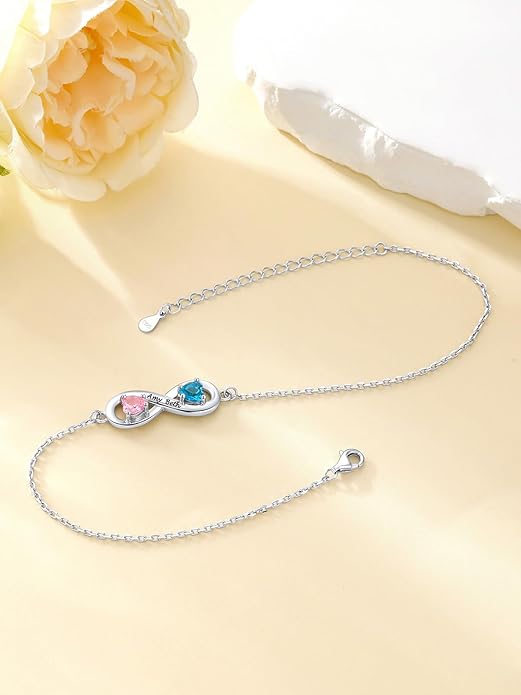 Custom4U Personalized Infinity Ankle Bracelets for Women 925 Sterling Silver Anklet Bracelet Endless Love Symbol Birthstone Charm Adjustable Foot Chain Jewelry Mothers Day Gifts for Mom Wife Women Her