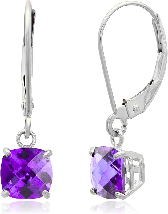 Solid 10K Gold Cushion Cut Dangle Gemstone Earrings for Women | 6mm Gemstone Birthstone Earrings | Checkerboard 10 Karat Gold Dangle Drop Leverback Earring for Women by MAX + STONE