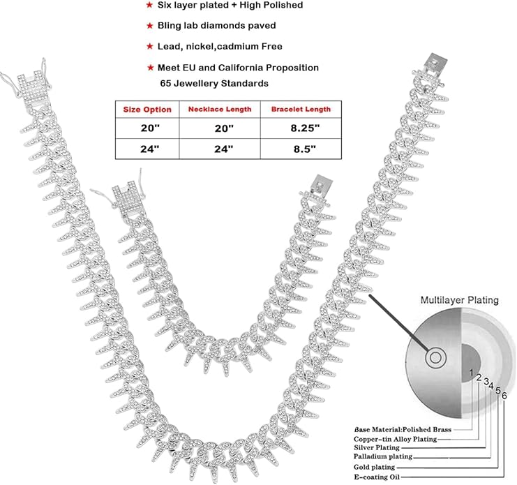 HH BLING EMPIRE Mens Gold Silver Plated Spike Cuban Link Chain Necklace and Bracelet Sets, Chunky Iced Out Diamond Miami Cuban Link Chains Hip Hop Jewelry