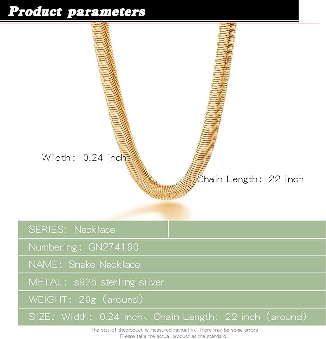 Dankadi Men 925 Sterling Silver Necklace Italian 6MM-8MM Flexible Flat Snake Chain Choker 16-30 Inch 24K Gold plated Fine Jewelry Gifts for Women