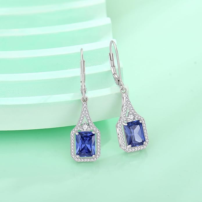 Emerald Cut Dangle Drop Earrings 925 Sterling Silver Halo Rectangular Leverback Earrings Birthstone Jewelry for Women