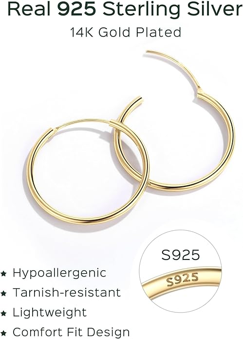 ChicSilver Hypoallergenic 925 Sterling Silver Hoop Earrings for Women, Lightweight Large Gold Plated Hoop Earrings, Endless Hoops Huggie Earrings 15/20/30/50/70MM