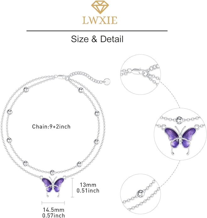 Diamond Butterfly Anklets for Women 925 Sterling Silver Animal Lover Double Layer Ankle Bracelet Jewelry Gift for Mom Wife Sister Friend,9"+2"