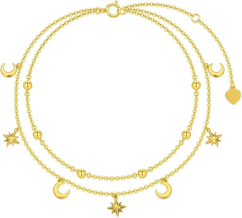 SISGEM 14K Yellow Gold Star Moon Anklet for Women,Real Gold Beads Station Anklet Bracelet Tassel Double Foot Link Beach Anklets Fine Jewelry Birthday Gifts for Her 8”+2”