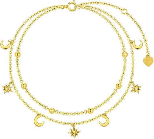 SISGEM 14K Yellow Gold Star Moon Anklet for Women,Real Gold Beads Station Anklet Bracelet Tassel Double Foot Link Beach Anklets Fine Jewelry Birthday Gifts for Her 8”+2”