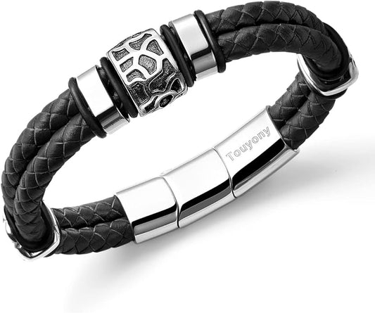 Mens Leather Bracelet Premium Leather Braided Bracelet Stainless Steel Jewelry Gift Accessories Men's Bracelet