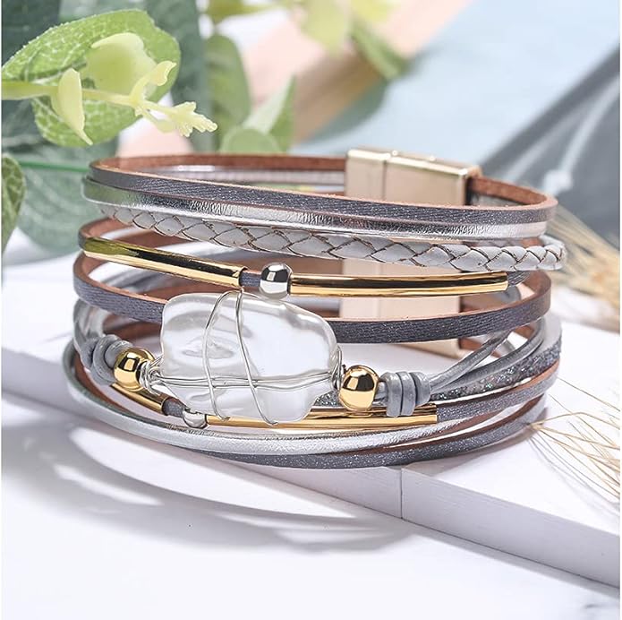 Fesciory Leopard Bracelet for Women, Boho Leather Wrap Multi-Layer Pearl Crystal Bracelet Bangle Jewelry