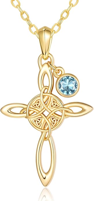 Witches Knot Necklace for Women, 14K Gold Celtic Knot Cross Jewelry with Triquetra Trinity with Birthstone Pendant, Birthday Witchy Spiritual Gifts for Her Wife Mom Grandma, 18+2 Inch Chain