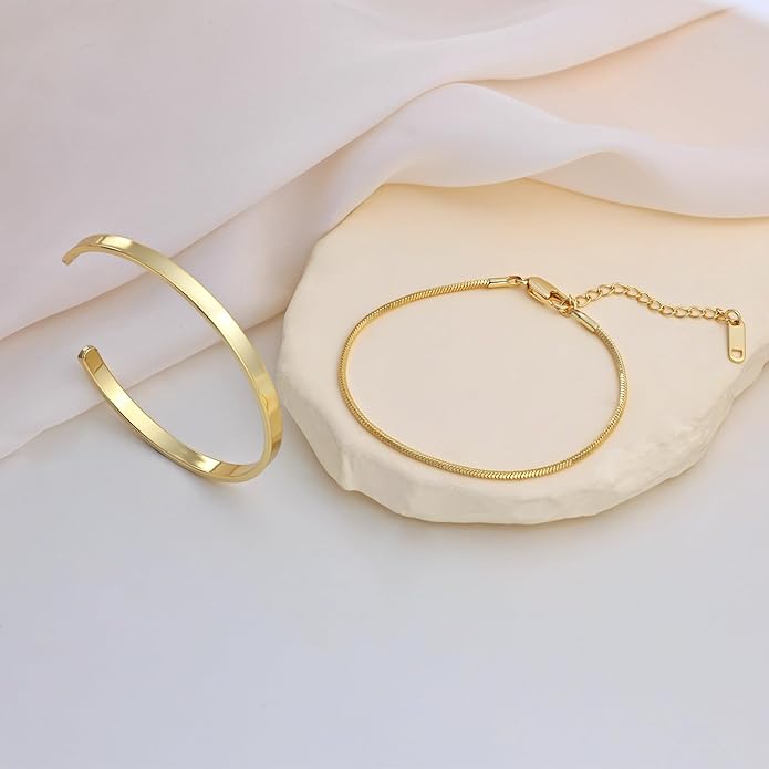 Moodear Stackable Bracelets for Men - Dainty 925 Sterling Silver/14K Gold Plated Cuff Snake Box Cuban Link Chain Bangle Bracelet Set Mens Jewelry