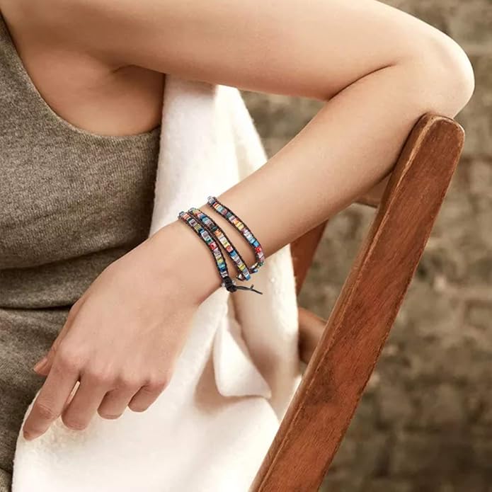 Emibele Layered Leather Bracelet, Rivet Leopard Print Bohemian Style Multilayer Wrap Bracelet, Handmade Agate Amethyst Chakra Crystal Glass Beaded Shell Bracelet for Women