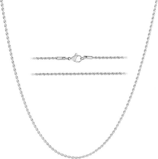KISPER 24k White Gold Rope Chain Necklace –Thin, Dainty, White Gold Plated Stainless Steel Jewelry for Women & Men with Lobster Clasp