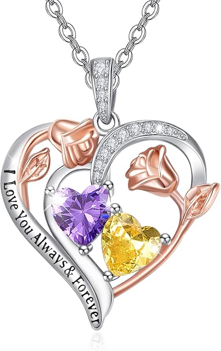 Zeuslia Double Birthstone Necklace Gifts for Wife - 925 Sterling Silver Sunflower/Rose/Crown Cross/Compass/Heart Pendant I Love You Necklace, Anniversary Birthday Gifts for Wife Girlfriend Mom Her