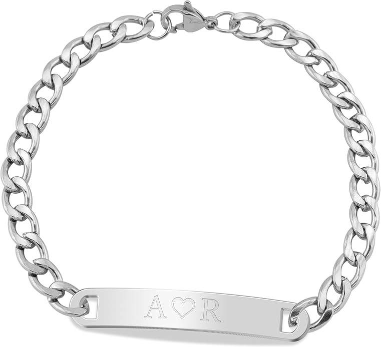 Personalized Sterling Silver/Stainless Steel Bar ID Bracelet - Custom Engraved Inspirational Words, Dates or Names- Adjustable - Gift Box Included - Elegant Jewelry for Anniversary, Birthday, Weddings