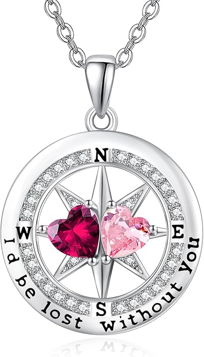 Compass Birthstones Necklace for Women, Exquisite Anniversary Birthday Gifts for Wife Her Double Birthstone Pendant jewelry ‘I'd be Lost Without You’
