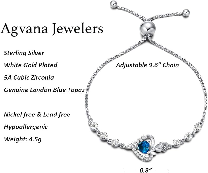AGVANA Rosy Reverie Birthstone Bracelet for Women Sterling Silver Genuine or Created Gemstone Tennis Bracelet Rose Heart Jewelry Anniversary Birthday Gifts for Women Mom Wife Her
