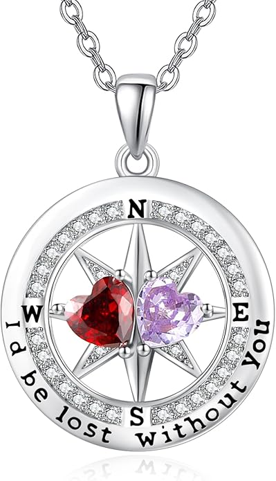 Compass Birthstones Necklace for Women, Exquisite Anniversary Birthday Gifts for Wife Her Double Birthstone Pendant jewelry ‘I'd be Lost Without You’