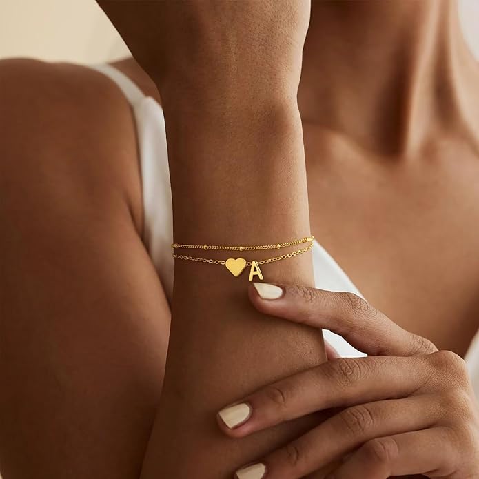 M MOOHAM Christmas Gifts for Grandkids Teens Girls -14K-Gold-Plated Heart Initial Bracelets for Women Girl Dainty Gold Bracelets Birthday Gift Stocking Stuffers for Women Teenage Girls Kids Gifts