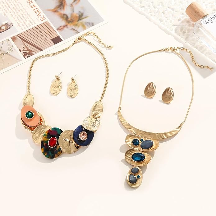 Chunky Statement Jewelry Set Vintage Retro Leaf Flower Floral Geometric Bohemian Boho Bib Necklace Earring Set Fashion Costume Jewelry for Women Girls Wedding Party Prom Unique Gift