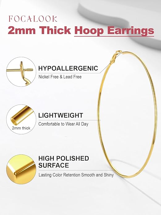 FOCALOOK 14K Gold Plated Lightweight Large Hoops| 2mm Thin Hoop Earrings for Women 30/40/50/70/100mm