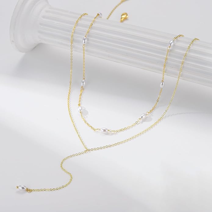 M MOOHAM Gold Lariat Necklace for Women - Dainty 14K Gold Plated Y-Shaped Long Drop Necklace Pearl Cross Clover Butterfly Cubic Zirconia Charm Layered Necklaces for Women Simple Jewelry Gifts