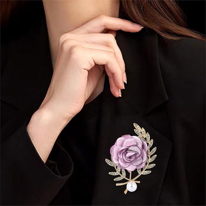 Dreuyet Rose Flower Brooch for Women Dainty Elegant Satin Fabric Flower Lapel Pins Vintage Pearl Camellia Crystal Pin Dress Suit Accessories Valentine's Day Wedding Bouquet Jewelry ﻿
