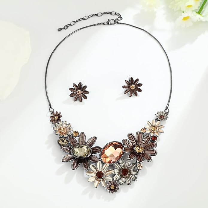 Chunky Statement Jewelry Set Vintage Retro Leaf Flower Floral Geometric Bohemian Boho Bib Necklace Earring Set Fashion Costume Jewelry for Women Girls Wedding Party Prom Unique Gift