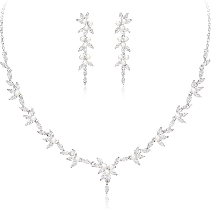 EleQueen Women's Simulated Pearl Wedding Jewelry Set, Cubic Zirconia Marquise Floral Bridal Necklace Earrings Bracelet Sets