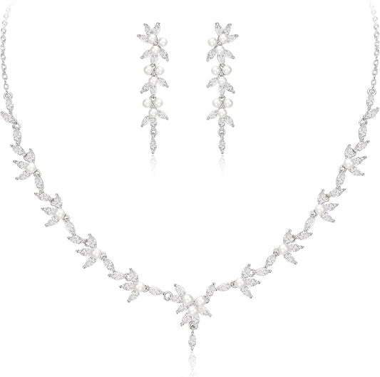 EleQueen Women's Simulated Pearl Wedding Jewelry Set, Cubic Zirconia Marquise Floral Bridal Necklace Earrings Bracelet Sets