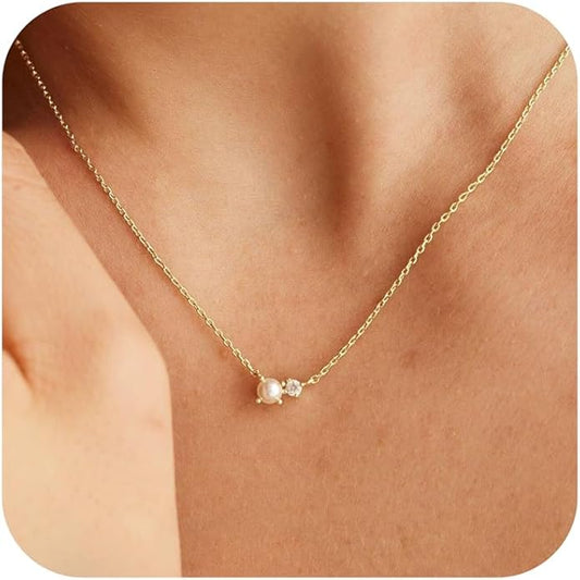 Pearl Necklace for Women Trendy,14k Gold Plated Necklace Dainty Wedding Necklace Small Cute Choker Necklace Beaded Lariat Drop Necklace Vintage Waterproof Jewelry for Women Gold Jewelry Fashion Gifts