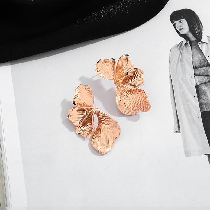 Chunky Gold Statement Earrings For Women Gold Plated Sectored Flower Leaf Shell Angel Wing Earrings Large Stud Earrings Hypoallergenic Earrings